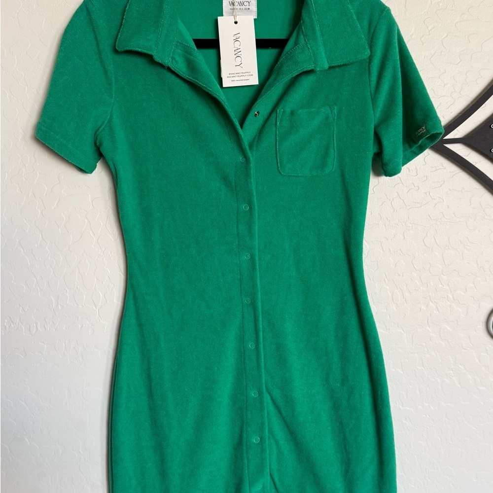 VACANCY SUPPLY Green Terry Cloth Shirt Dress - Women's Casual Polo Style - 4 - Picture 3 of 7